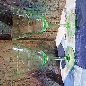 Vintage 1930's Green Uranium Glass Wine Goblets Set of 2